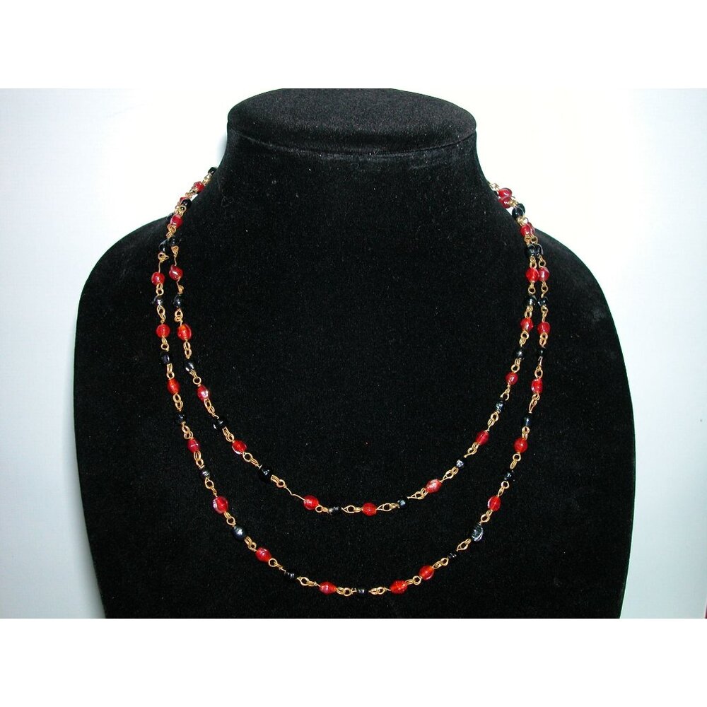 Vintage Red & Gold-Tone Glass Beaded Necklace  40 Inch